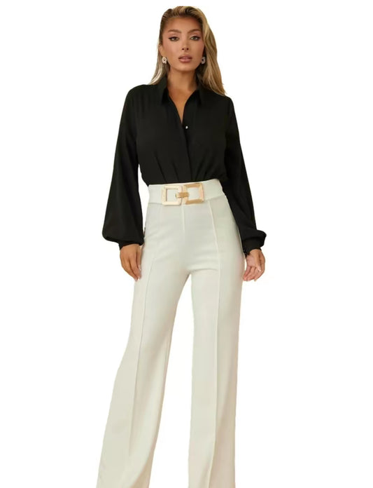 HIGH WAIST PANTS WITH GOLD HARDWARE DETAIL-TALL SIZE